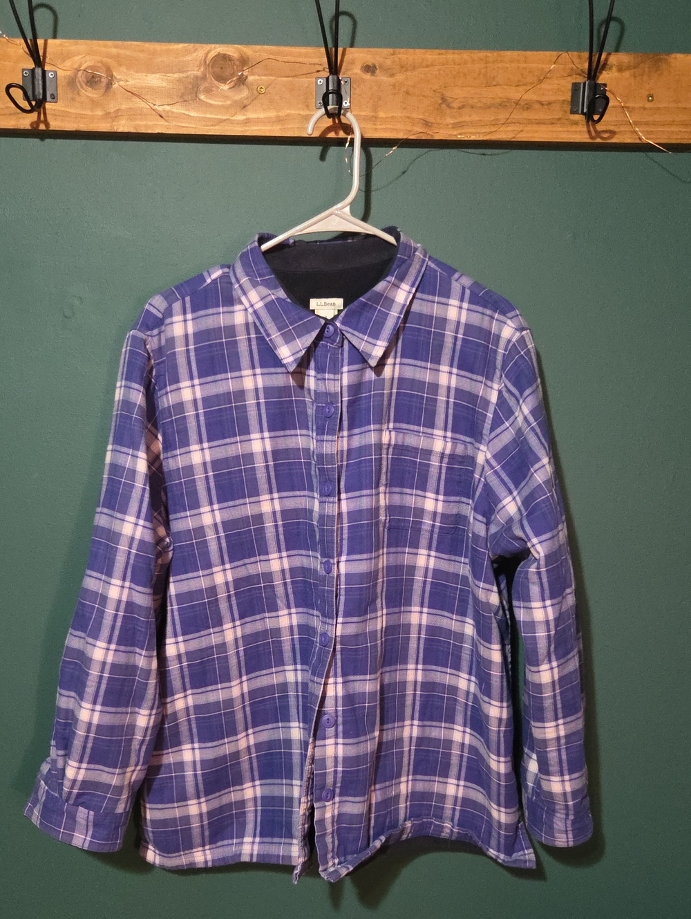 L.L. Bean Fleece Lined Purple and White Plaid Button-Down Shirt